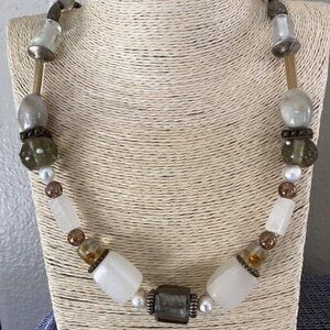 White, tan, brown and gold beaded necklace, (25")